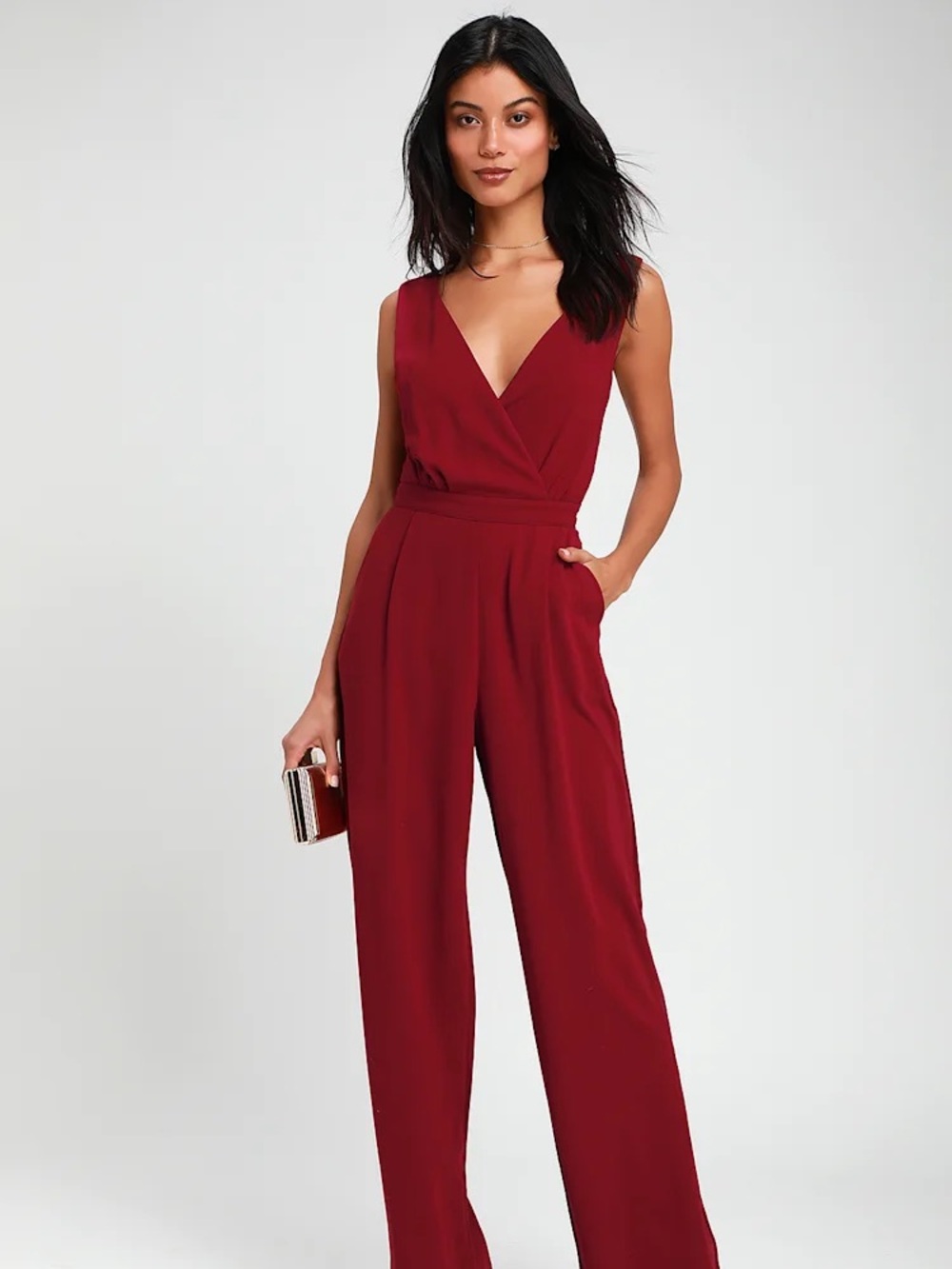 Lulu's Wine Red Sleeveless Wrap-Front Jumpsuit | NWT Size L